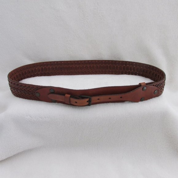 Massimo Dutti USED Wide Brown Cow Leather Belt Brass Buckle Size 80 - Picture 1 of 11